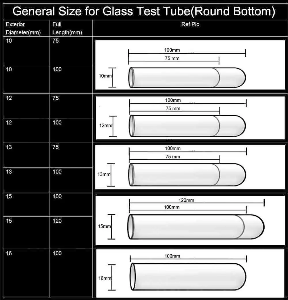 General Glass Test Tube size details table